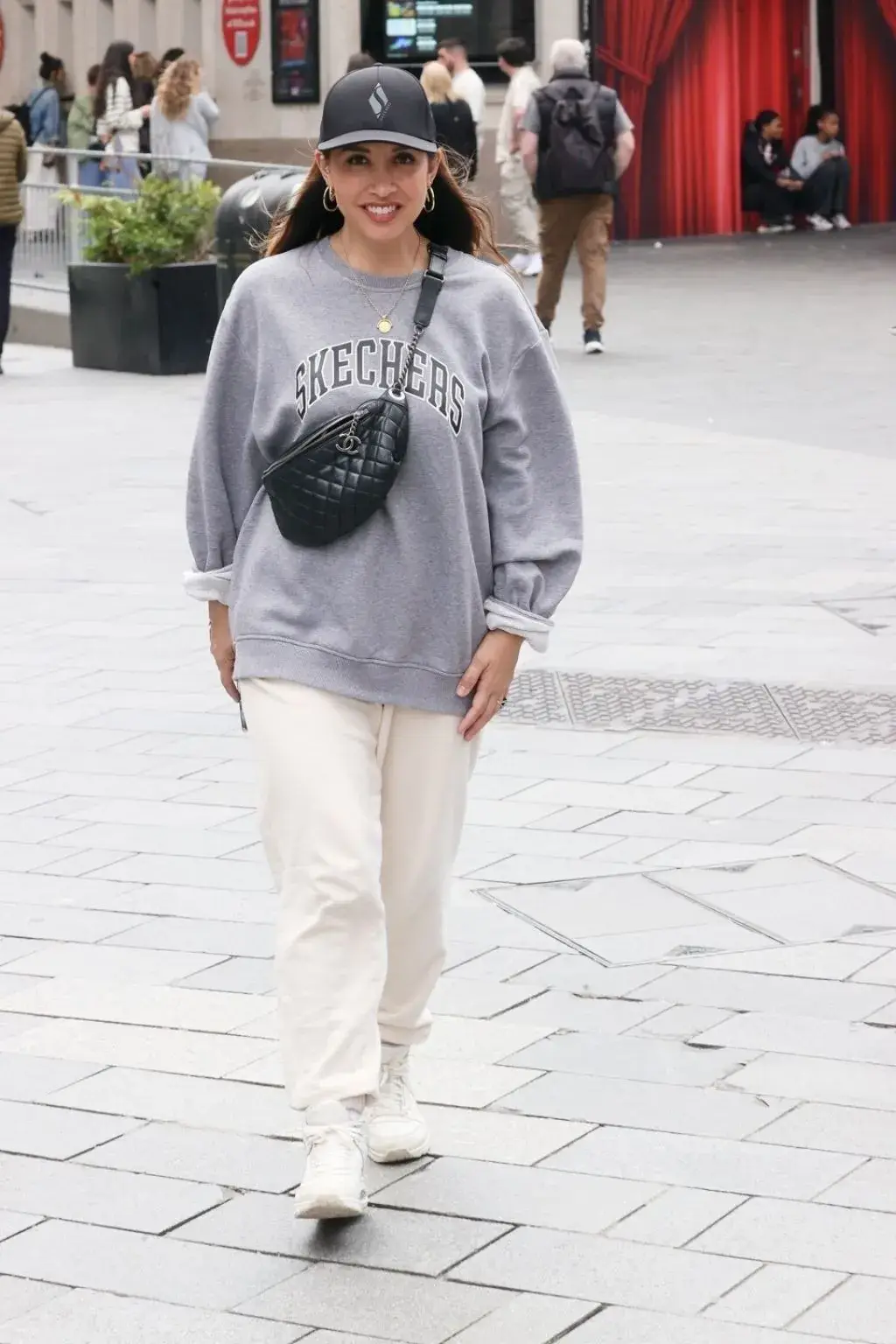 British Singer Myleene Klass in Comfy Joggers and Baseball Cap in London